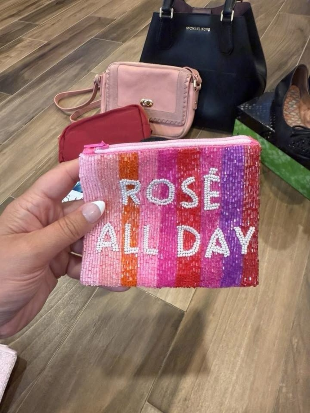 Sequin 'Rosé All Day' Pink Stripe Coin Purse